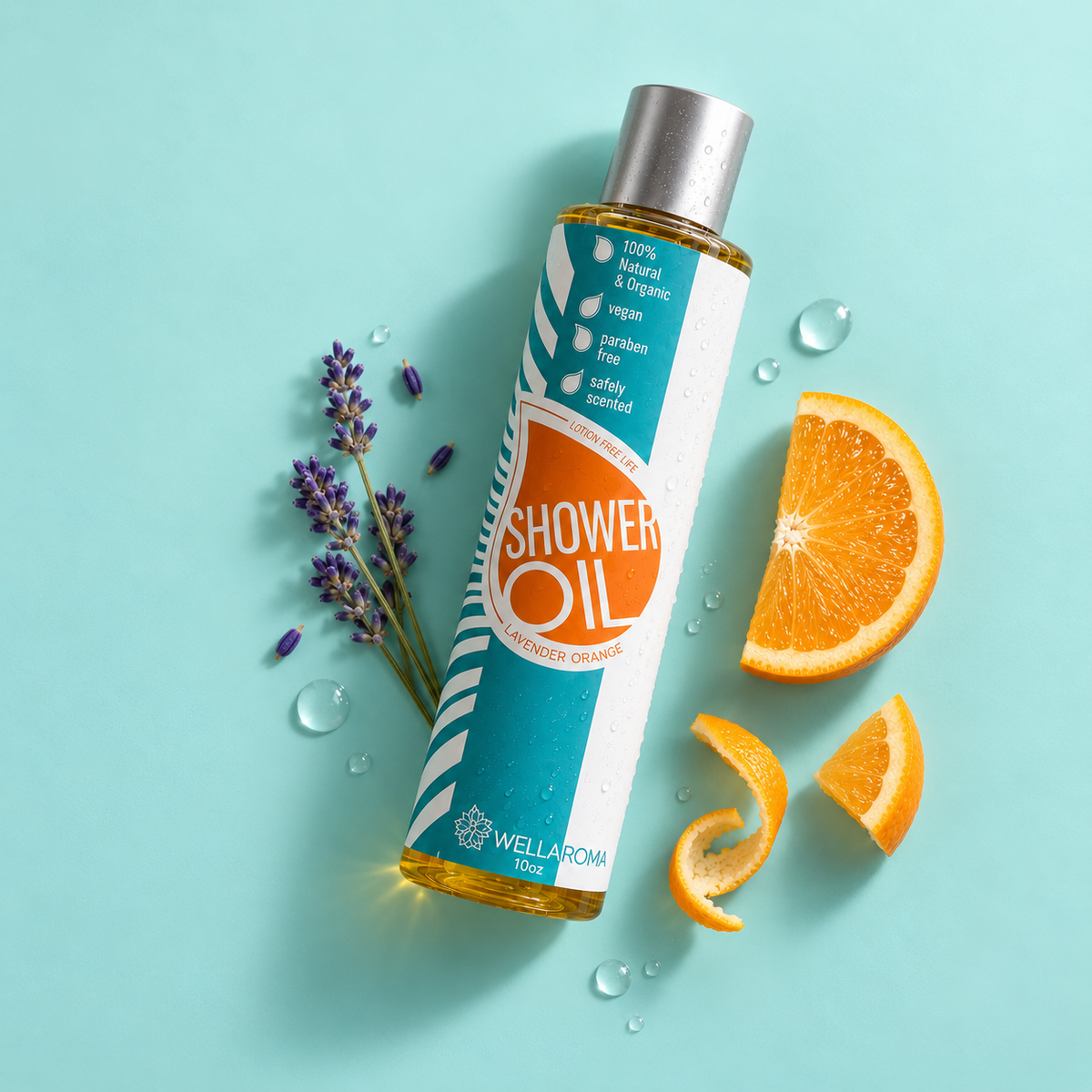 Wellaroma Shower Oil Lavender Orange 10 oz bottle with fresh lavender and orange slices